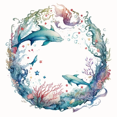 watercolor white background, no text, high resolution, in the center of a circular frame, depths of the ocean with a mesmerizing pentagram clipart surrounded by swirling currents and vibrant coral reefs. Graceful mermaids and mythical sea creatures dance beneath the waves, creating an otherworldly scene of aquatic beauty.