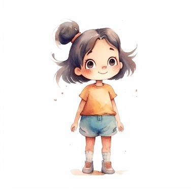 on isolate white background, simple design, illustration, flat colors, simple lines, graphic novel style, 2d painting, watercolor painting style, trending on art station, digital art, girl, childrens character design, happy mood, watercolor, pixar style cartoon, without line work, minimalist, clipart