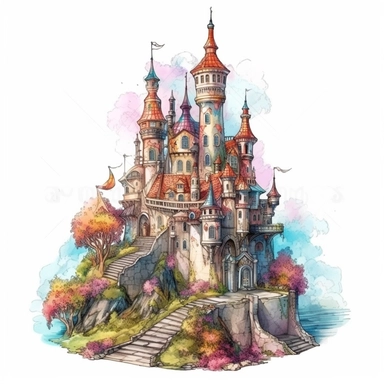 fantasy castle illustration, detailed, vivid color, fairy tale, feminine, girly, fantasy, dreamy, single castle, clipart, illustration white background