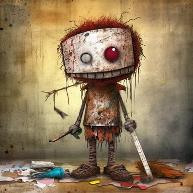 garbage pale kids format, pop surrealism digital art image of broken down, old, rusting, cartoonish, humanoid, child robot holding a mop wearing tattered, dirty, bloody butcher's coat and smock, made of tattered clothing for humans. The robot is in an art style inspired by artists like Tara McPhereson, Nooligan, and Robin Eisenberg. To be used for digital clipart. Use dull, 1970's style, yellow, green, brown color scheme for the robot