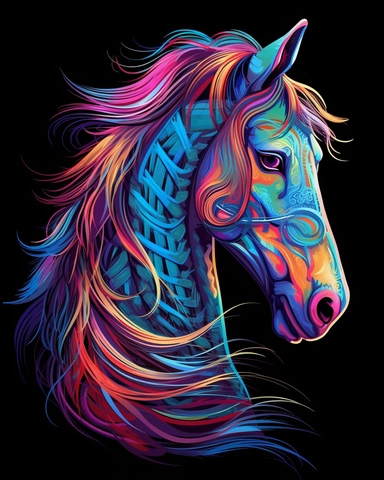 horse, neon colors, ultra detailed, clipart design graphic, vector, contour, 32k, black background,