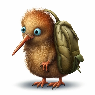 baby kiwis bird, clip-art, oval-shaped body, brown short feathers, very long beak, very short legs, no wings, wearing a backpack, infront of a school