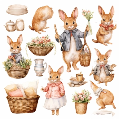 easter clipart set, whimsical and cute hand drawn illustration, Beatrix Potter isolated image white background