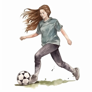 Watercolour of a teenage girl playing football , Clipart,Cartoon,hyper realistic, intricate detail isolated on a white background, high quality, sublimation, detailed, cartoon style