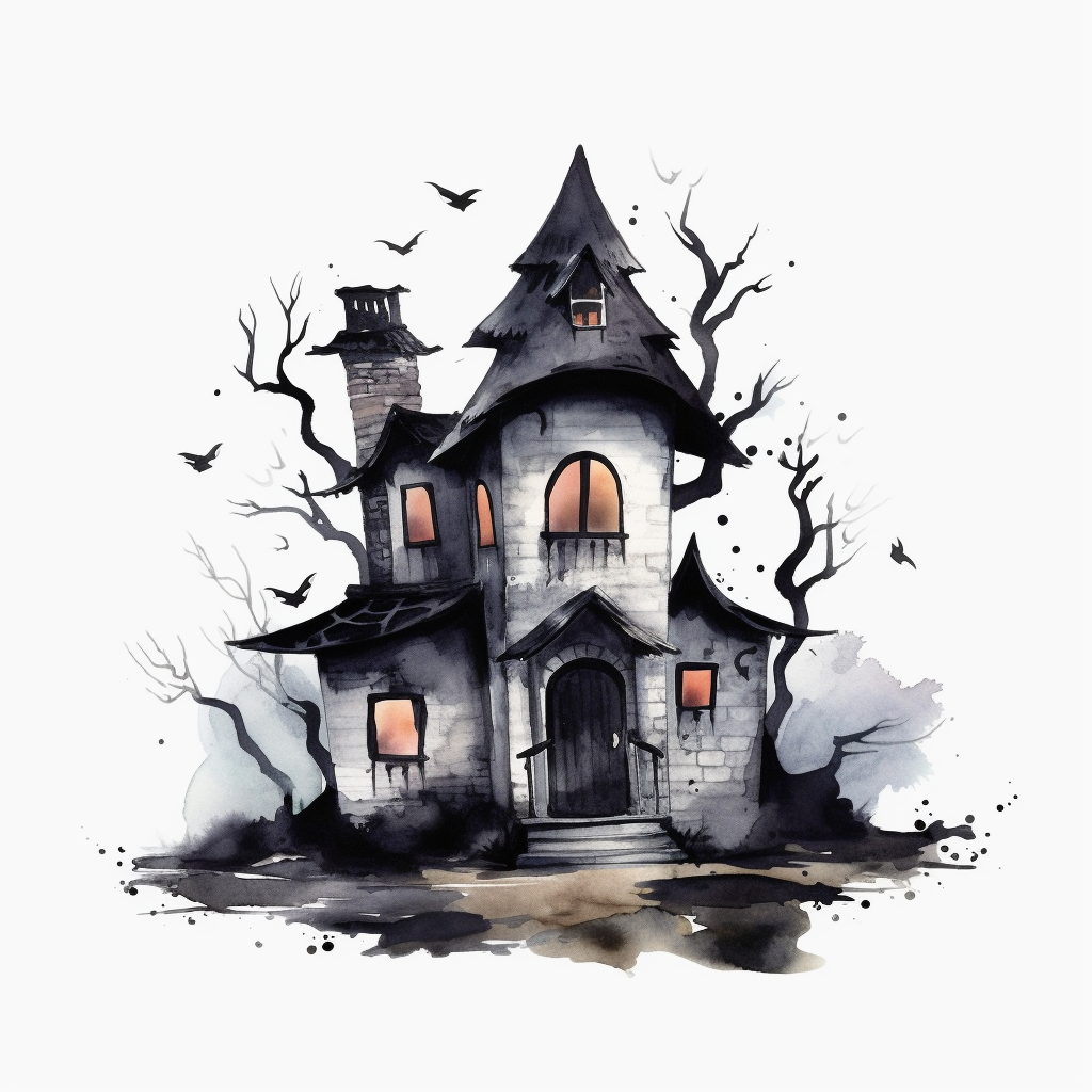 Watercolor Style, Spooky Halloween Haunted House Graveyard In Front ...