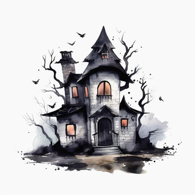 watercolor style, spooky halloween haunted house graveyard in front clipart, haunted house decorated in creepy Halloween style decor, whimsical Halloween witch house, isolated on white background, 4K, dark, night scene