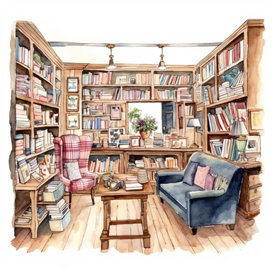 A vintage-inspired bookstore with shelves full of old books and cozy reading nooks, clipart, watercolor, white background, american style