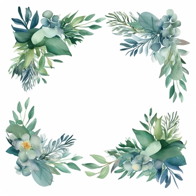 Create a cottagecore and charming square frame. The frame will serve as clipart and celebrate the beauty of nature. A square frame formed by a wreath of intertwined watercolor leaves. The leaves showcase a range of colors, from soft greens to deeper blues, lending an air of whimsy and charm to the frame. Leaves should be carefully tinted with vibrant hues that capture the essence of nature's lush foliage. The watercolor technique gives the work of art softness and dreaminess, enhancing. Flowers 