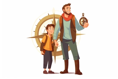 brave father with his son standing near the compass, clipart, white background