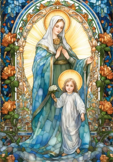 A sharp photograph of an expensive portrait, pay particular attention to the shape of your hands, less watercolor stained glass Madonna and child with matching crowns full body clipart, the Madonna is wearing a medium aquamarine blue mantle with bright white stars on it and the child is wearing a bright white robe, behind them is shimmering bright light, around many blue roses, highly detailed, white background, in the style of Catholic religious art, artist Andrea Lezcano, Vincent Van Gogh, in 