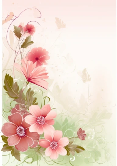 pink flowers clipart, flower borders, clip art with flowers, in the style of layered translucency, use of paper, romanticized views, innovative page design, stockphoto, light maroon and green, romantic scenery
