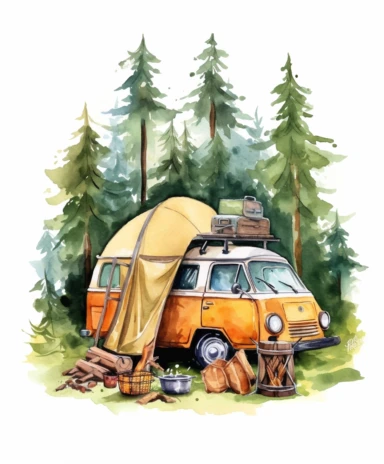 Watercolor painting about camping activities, element, clipart, one by one isolated on tranparent background, no noise, 300 DPI,
