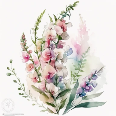 [4311020705] Watercolor clipart. A delicate watercolor composition of a snapdragon bouquet, with the flowers arranged in a harmonious and visually pleasing manner.. White background. No text. No caption. No logo