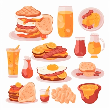 fastfood breakfast, clipart set, scrambled eggs, toast, orange juice, pancakes, sausage, bacon, isolated on white background