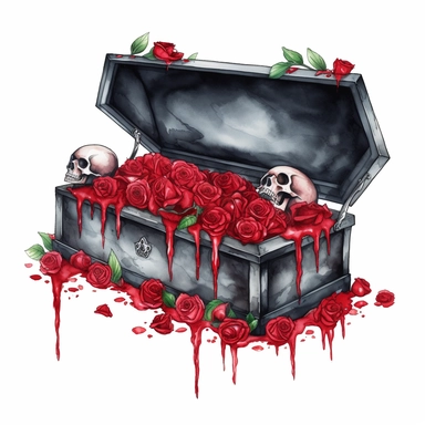 an empty black vampire coffin opened with red velvet cushions inside and red roses growing from outside it, watercolor, clipart, fantasy, white background, vibrant colors, HDR, 8k