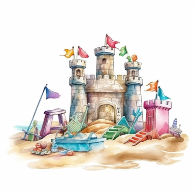 Highly Detailed image of watercolor style clip art style staged sand castles with beach toys and additional accessories on a white background