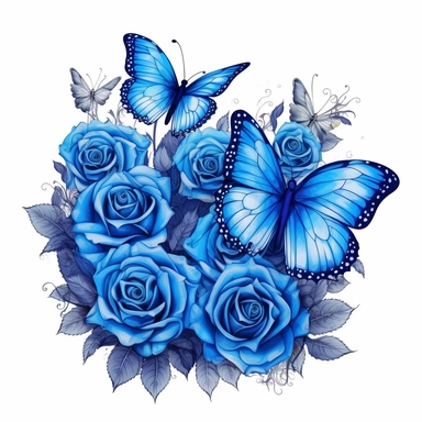 Dark fantasy blue roses butterfly Clipart, Cartoon, hyper realistic, intricate detail, illustration style, high resolution, on the white background