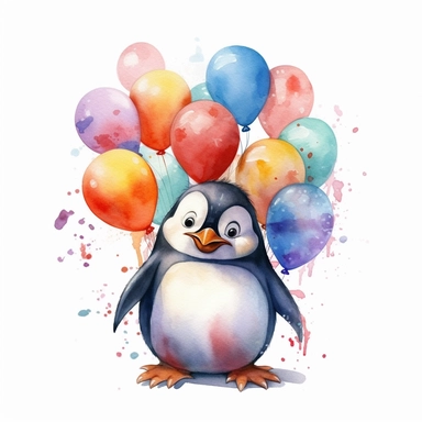 realistic, high resolution, smiling penguin with baloons, cartoon, watercolor clipart, completely white background