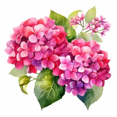 fushia colored hydrangea flowers arrangement with watercolor effect,suitable for digital clipart,white background,green leaves
