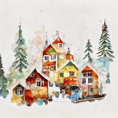 Noel Christmas town watercolor clipart, New Year, snowfall, cozy small houses, watercolor style, detailed