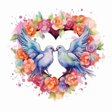 rainbow watercolor clipart of wedding doves kissing inside a floral heart wreath, colored ink illustration, good composition, vector, contour, isolated white background, 26k
