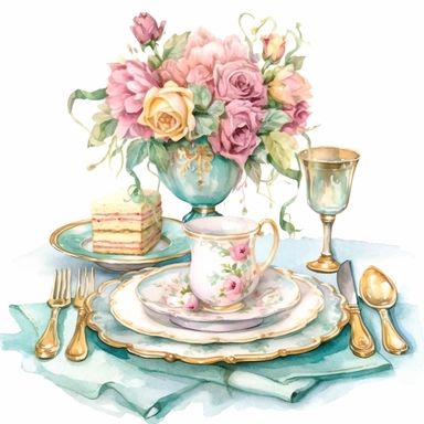 Make a clipart of a fairytale watercolor french country kitchen table, rococo, with bright pastel colors of turquoise and green, pink roses, gold accents, black outlines, hd, white background