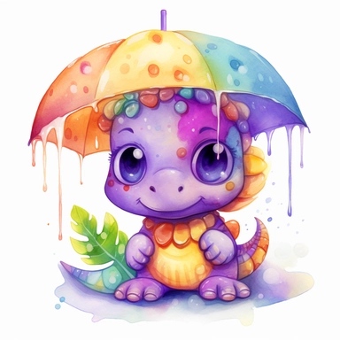 a clipart image of the cute baby dinosaur with the big cutest eyes, long eyelashes, and cutest face expression. Dinosaur has a long eyelashes and is standing under the umbrella. A big rain drop bubble landed on his nose. Baby-Dinosaur feels safe calm and happy. vanilla, pink, violet, purple, yellow, blue and orange watercolours water colour sctretch by Artgerm and Sakami Chan. on white background