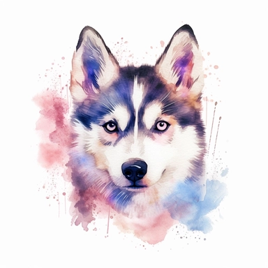 Elegant Siberian Husky puppy, watercolor, clipart, HD, on white background, spaced out