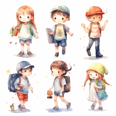 watercolor, collection - School education png Full body realistic cartoon in 32K UHD cute. 15 cm thick outline. Black color. There was no shadow on the ground. 8k with realistic watercolors and detailed illustrations. PNG clipart, transparent white background