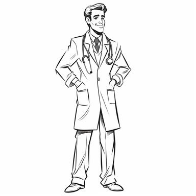 a full body picture of a doctor with a stethoscope, black and white line art comic clipart in the style of Raoul Cauvin