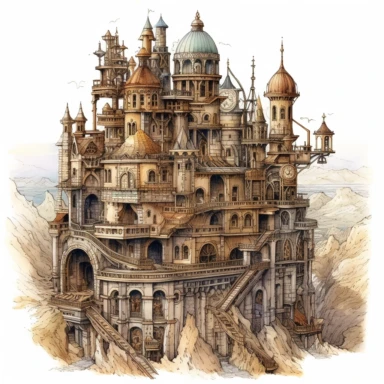 Watercolor hyperdetailed ultra realistic clipart of steampunk fictional worlds like Middle Earth, Hogwarts, or Narnia, including intricate details such as famous landmarks, architecture, and landscapes