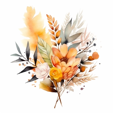 Watercolour, pastel, autumn, boho, bokeh, floral bunch, leaf, bloomcore, clipart