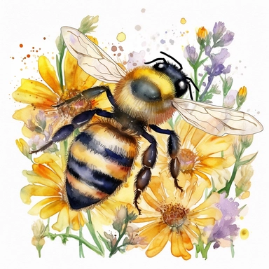 A charming watercolor honey bee clipart capturing the beauty of spring garden bees, delicate honey bee painted in warm tones of yellow and black, fuzzy body and translucent wings are depicted with intricate details, hovers near a cluster of blooming spring flowers, such as daisies, tulips, and lavender, which are painted in vibrant and harmonious colors, soft and dreamy atmosphere, each illustration focuses on the exquisite details of the honey bee, showcasing its unique beauty and importance in