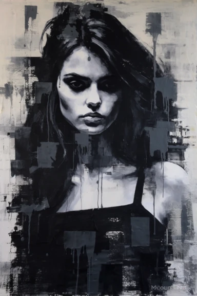 Thick black charcoal portrait of a beautiful italian women, shoulders baring, add drips and in abstract form. with newspaper clippings throughout the art piece and thick paint brush strokes, more drips and white gesso. original art look on canvas