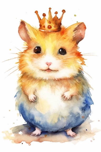 Create a watercolor clipart picture of a happy prince hamster, white background. The hamster should have a cute and happy expression, with its fur depicted in soft watercolor textures.