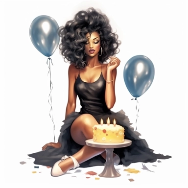 birthday black girl wearing black dress full body sitting with birthday cake, fantasy clipart, on white background, hd, watercolor art
