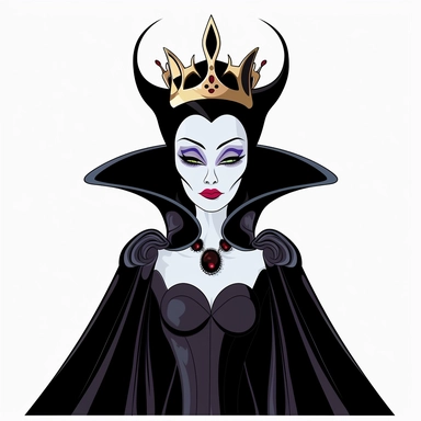 2d partially lined clipart illustration of an evil but beautiful queen, in the style of 1959's sleeping beauty movie, white background