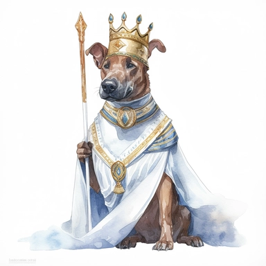 A clipart of a dog dressed as a pharaoh, wearing a crown and carrying a scepter, watercolor style, realistic, bright colors, 300 dpi, 8k, white and clear background