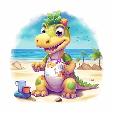Summer, cute Dinosaur wearing a Hawaiian shirt on the beach, cute pose, watercolor illustration for kids and children, clipart, sublimation, white background, brightly colored style, realistic color schemes, luminescent color scheme
