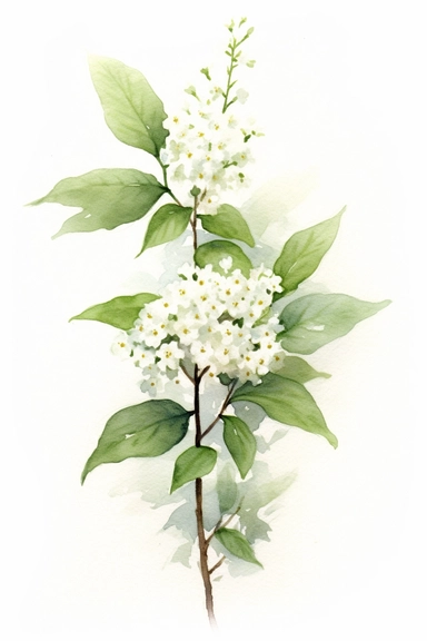 watercolour clipart, white spirea branch, color white, dusty green, neutral tones, white clean background, by Thomas W.Shaller,