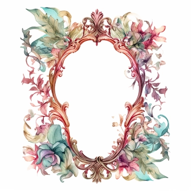 Enchanting Hand-Drawn Baroque Frames: A Whimsical, Floral Fantasy - Digital Clipart with Ornate Leaves and Delicate Watercolor Borders, isolated on a white background, single design, 4k
