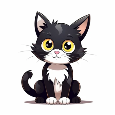 cute cartoon cat, black and white cat, black face with a little bit white by mouth, a lot of white on chest, white paws, black legs, yellow eyes, full body sitting, white background, clip art, vector graphic