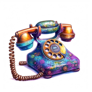Magical retro telephone Clipart, watercolor cartoon, hyper realistic, intricate detail, illustration style, high resolution, on the white background