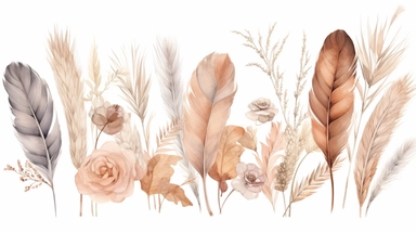 Watercolor boho floral clipart of pampas grass branches, palm leaves, dry flower, roses in pastel colors. Hand painted illustration isolated on transparent background. Bohemian elements