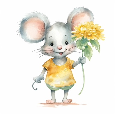 one happy mouse holding a yellow flower Watercolor clipart on a white background, in the style of 32k uhd, mural painting, aurorapunk, delicate shading, wimmelbilder, lit kid, oshare kei, no watermark, text, words, paintbrush, 300 DPI , typography, the images do not stick together, no text in the picture
