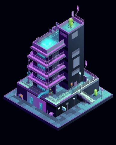 isometric clean pixel art image, game sprite, futuristic random public building concept, gaming asset, sci-fi, fun, creative, cartoon, clipart, hyper-detailed, black background,