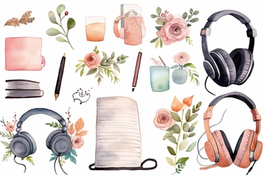 minimalistic clipart set access back to school watercolor clipart, headphones, book, mobile, Cute kawaii sticker