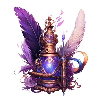 feather quill-pen and ink-well magical items, in the style of digital illustration, purple and bronze, colorful dreams, commission for, detailed character illustrations, realistic, detailed rendering, fairycore, clipart