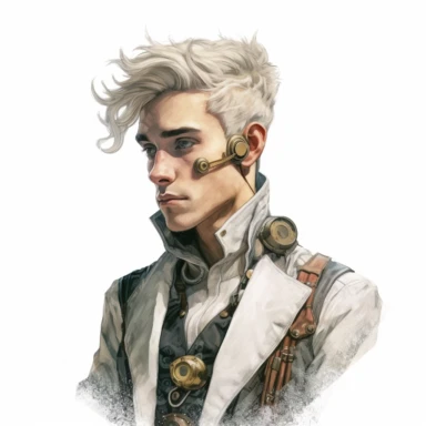 beautiful stunning handsome steampunk young man, he has coloured hair, paint art style, clipart, white background, superrealistic, one of a kind