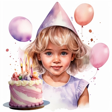 watercolor of a birthday small girl isolated on a white background, detailed ,realistic ,rtx on,textural richness,colorful imagery,digital illustration, clipart,